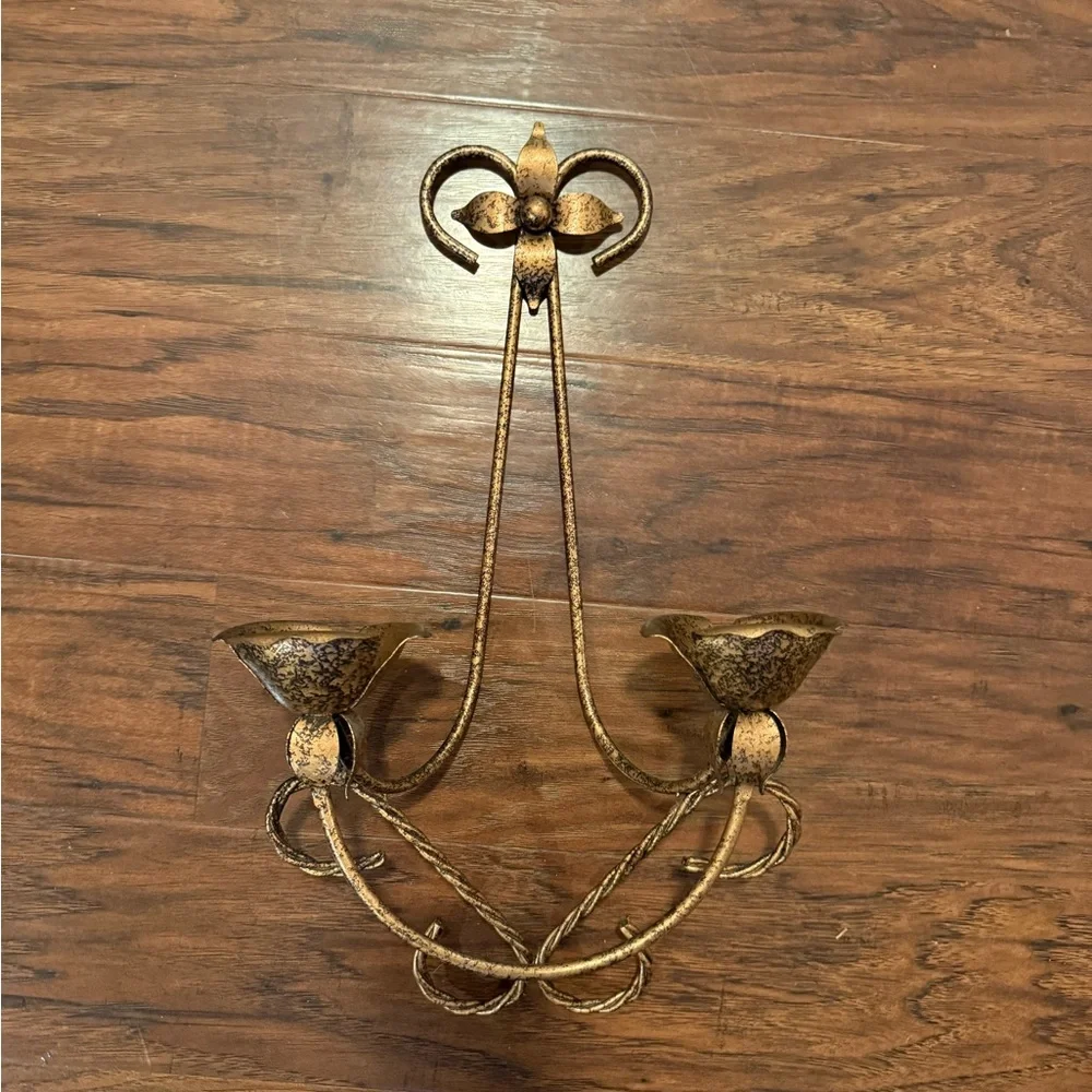 Vintage Double Wall Sconce Metal Candle Holder Italian Tole Rose Flower